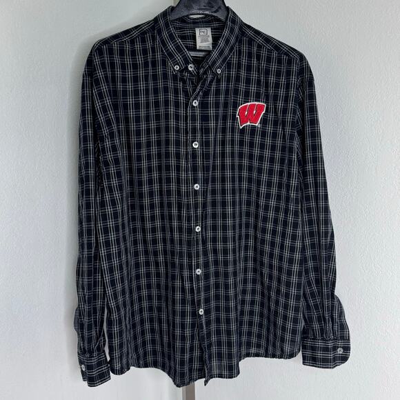 Wisconsin Badgers Mens Shirt Black White Check Embroidered Logo XL PREDGE - Picture 1 of 4